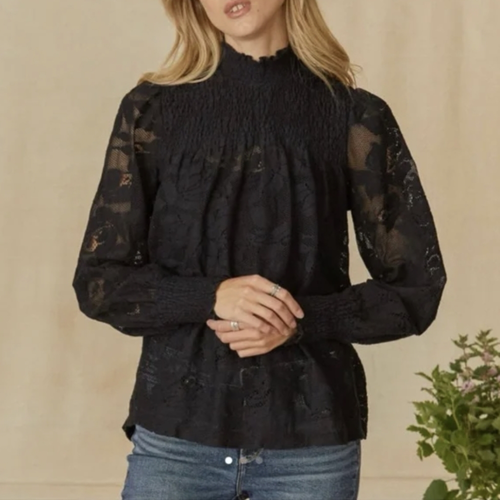 Sundance Dorina Black Lace Mock Neck Lace Blouse Top Women's Size Small